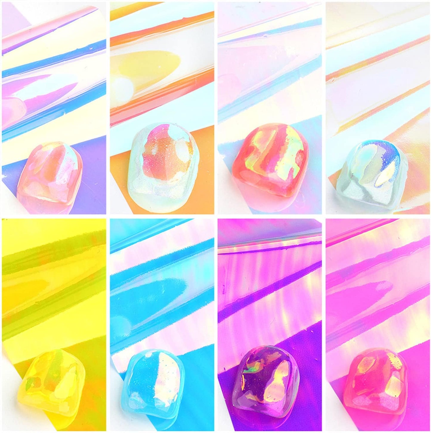 8 Sheets Gradient Glass Paper Nail Art Sticker，Colorful Laser Aurora Cellophane 3D Broken Glass Pieces Mirror Foils Nail Art Decoration for Women Acrylic DIY Nail Art Stickers