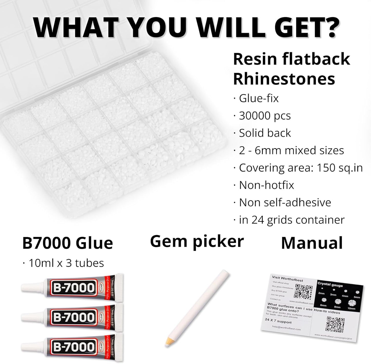 30000Pcs Resin Rhinestones Kit for Crafting Bedazzling, Solid White Flatback Gems Diamonds for Crafts Clothes Shoes Fabric Tumbler Jersey, Flat Back Jewels Bulk Assortment with b7000 Glue