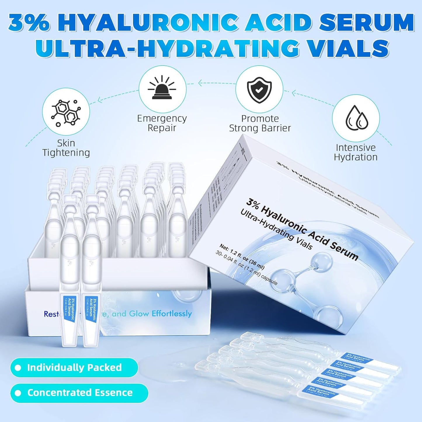 30pcs 3% Hyaluronic Acid Ultra Hydrating Serum, Anti-Aging Serum Intensive Hydration, improves skin texture, minimizes fine lines, improve dryness and dehydration for all skin types