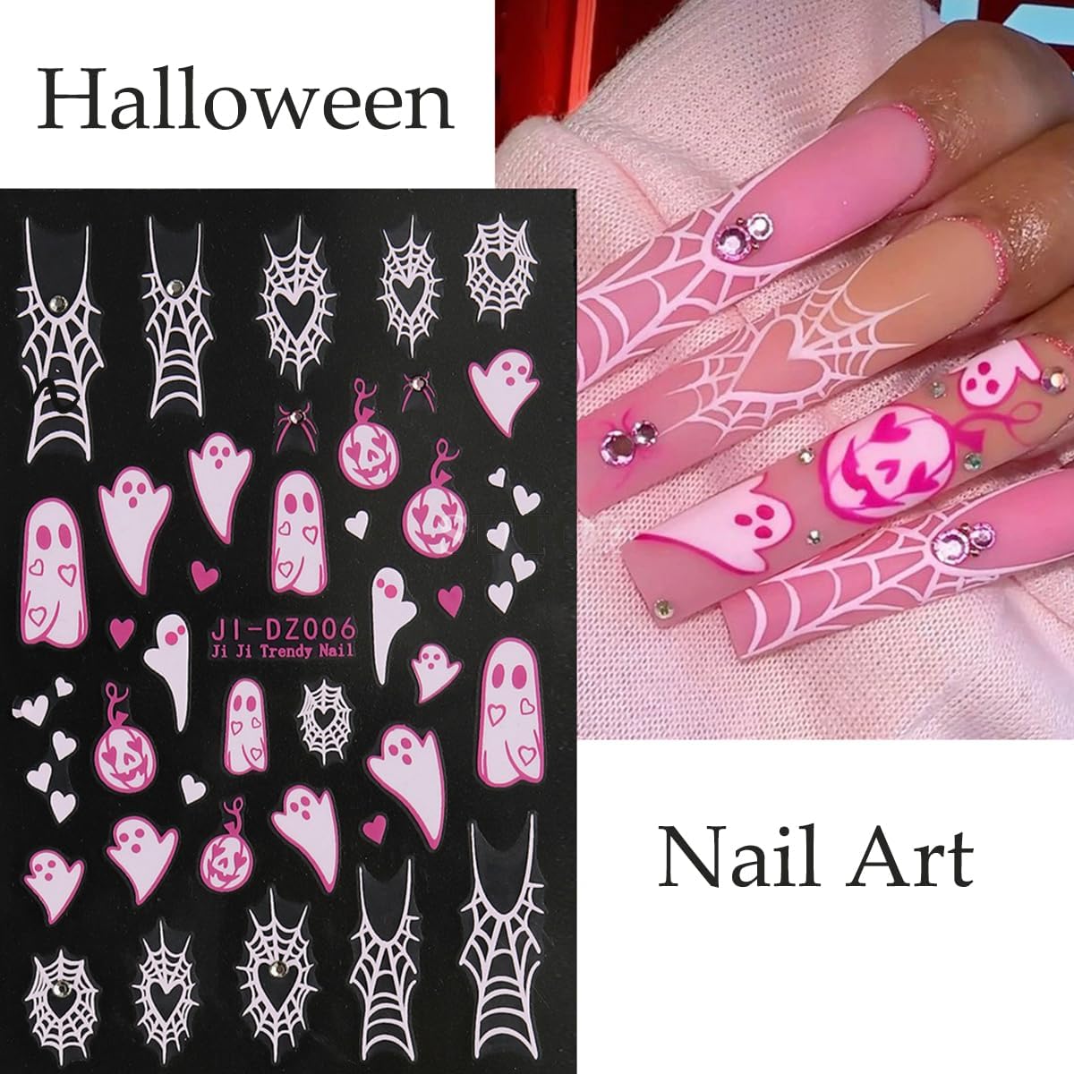 6Sheets Halloween Nail Stickers for Nail Art,3D Self-Adhesive Cute Ghost Spider Web Nail Decals with Rhinestones Design,Pink Pumpkin Spiders Skull Nail Art Stickers for Women Girls DIY Nail Decoration