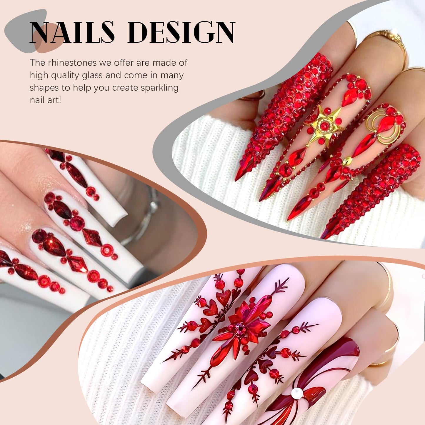 3220Pcs Red Glass Rhinestones 120Pcs Multi Shapes Flatback Gems + 3100Pcs 1.5-4mm Round Crystal With Glue Gel, Manicure Charms Diamond Gemstones for Nail Art