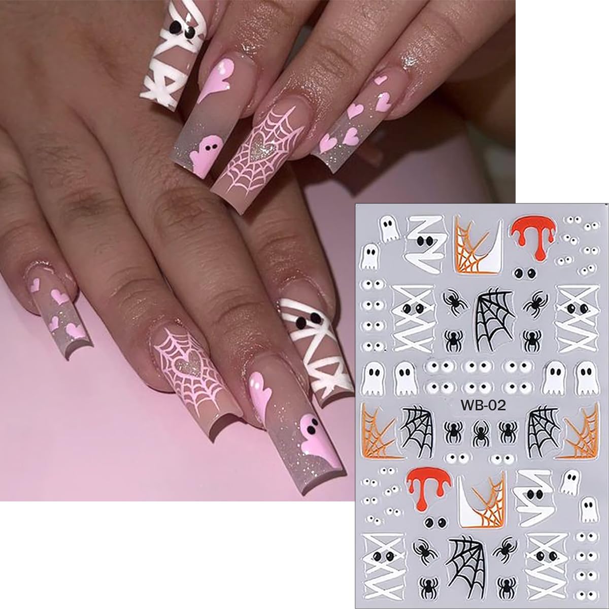 6 Sheets Halloween Cute Ghost Nail Stickers for Nail Art 3D Self-Adhesive Glitter Pumpkin Spider Web French Nail Art Decals Black White Halloween Starlight Nail Decals for Women DIY Manicure Art Kit