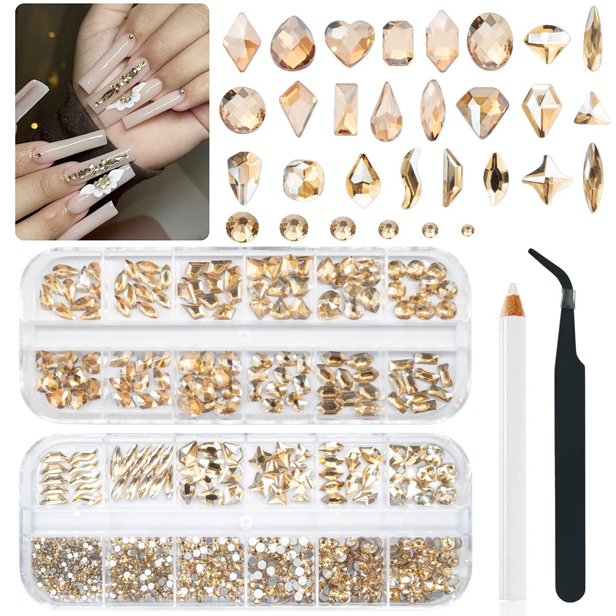 24 Styles Champagne Gold Nail Rhinestones Multi Shapes K9 Glass Flatback Crystals Gems Round Beads Stones Diamonds Jewels Nail Art Charms Supplies for Nails Face Eyes Makeup Crafts Clothes