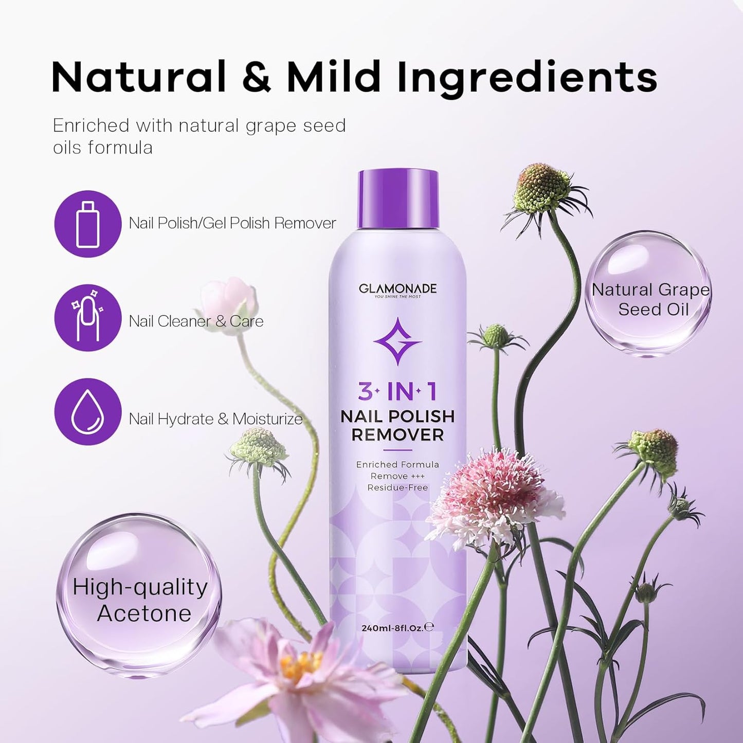 Acetone Nail Polish Remover: Professional Soak off Gel Nail Polish Remover Enriched with Natural Grape Seed Oil 8 Fl Oz for Gel Acrylic Nail Glue Dip Powder for Home Salon