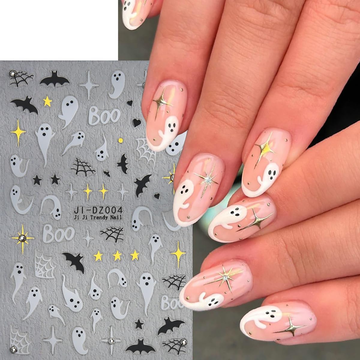 6 Sheets Nail Art Stickers Decals - White Pink Ghost Spider Bats 3D Halloween Pumpkin Skull Spider Web Self Adhesive Nail Decals for Women DIY Nail Decoration