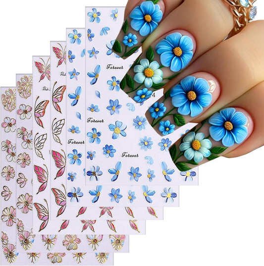 6Sheets Flower Nail Art Stickers 3D Self-Adhesive Nail Sticker Butterfly Nails Art Decals Holographic Floral Butterfly Nails Decal Decoration for Women Blue Blossom Manicure DIY Nail Supplies
