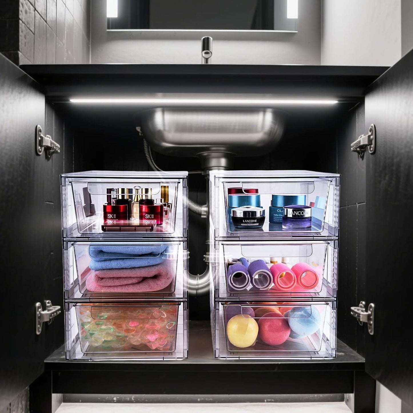 6 Pack Clear Stackable Storage Drawers, 3.95" H Easily Assemble Acrylic Organizer Bins - Multi-Use for Make up, Closet, Pantry, Bathroom, Medicine, Kitchen Cabinet & Undersink Organization