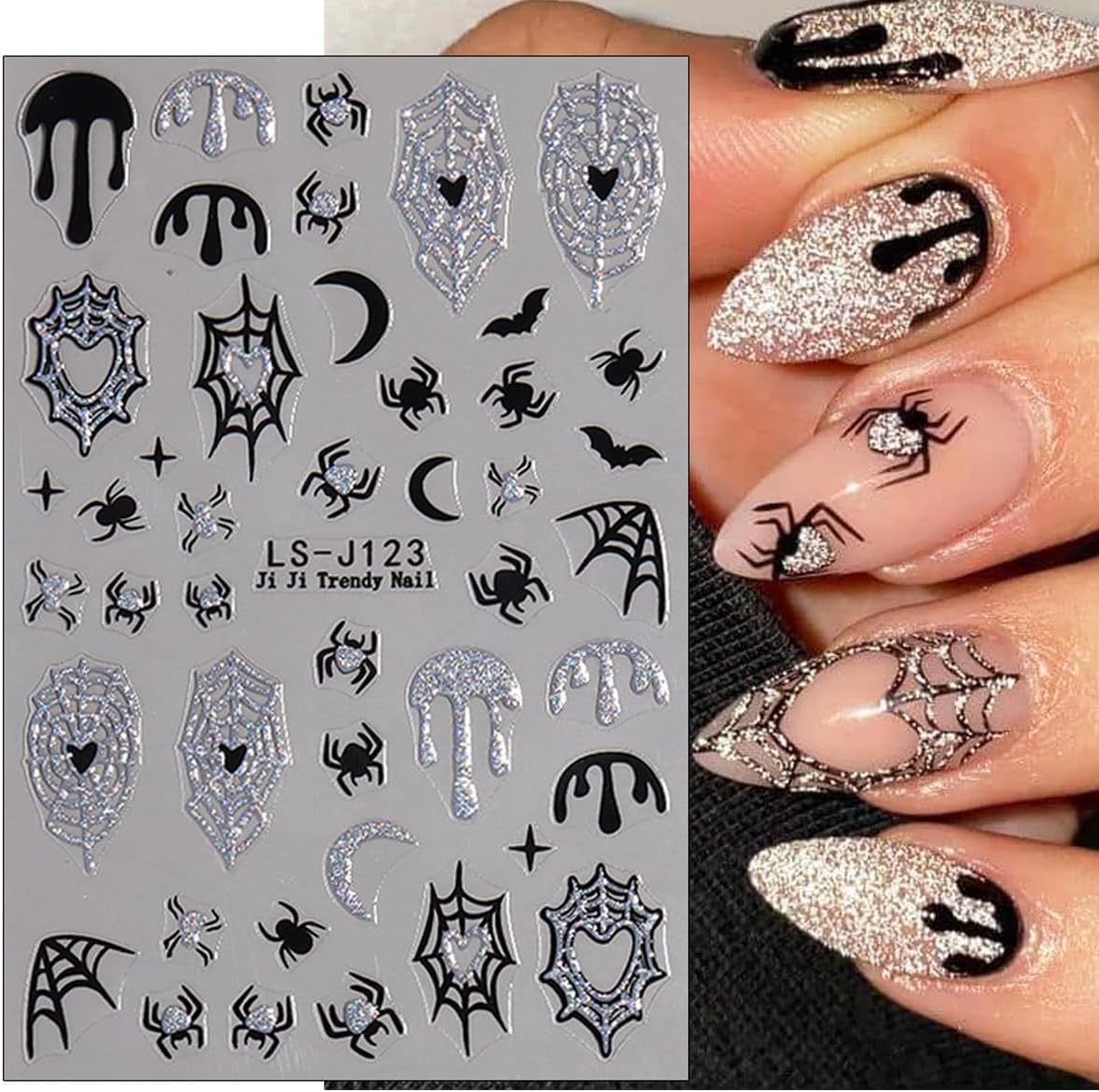 8 Sheets Horror Goth Nail Art Stickers Halloween Nail Stickers for Nail Art Glitter Bat Spider Web Pumpkin Design Luminous Ghost Nail Decals Self-Adhesive Nail Supplies for Women Manicure Decor