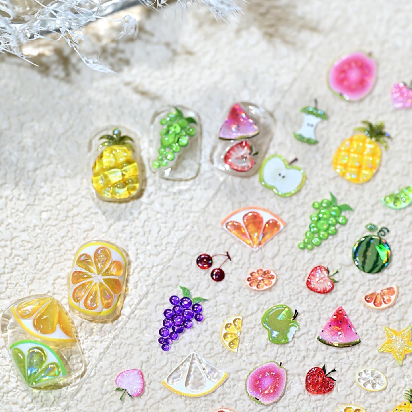 5D Embossed Summer Nail Stickers for Nail Art Self-Adhesive Fruit Nail Art Stickers Strawberry Grape Lemon Apple Cherry Nail Designs Cute Nail Decals Supplies for Women Acrylic DIY Nails Decoration