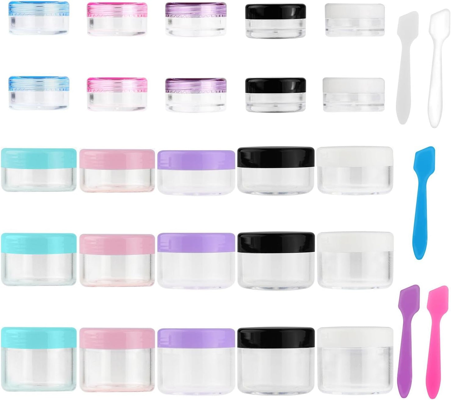 Accmor 25 Pieces Acrylic Containers with Lids 3/5/10/15/20 Gram Size Cosmetic Jars with 5 Pieces Mini Spatulas Gift