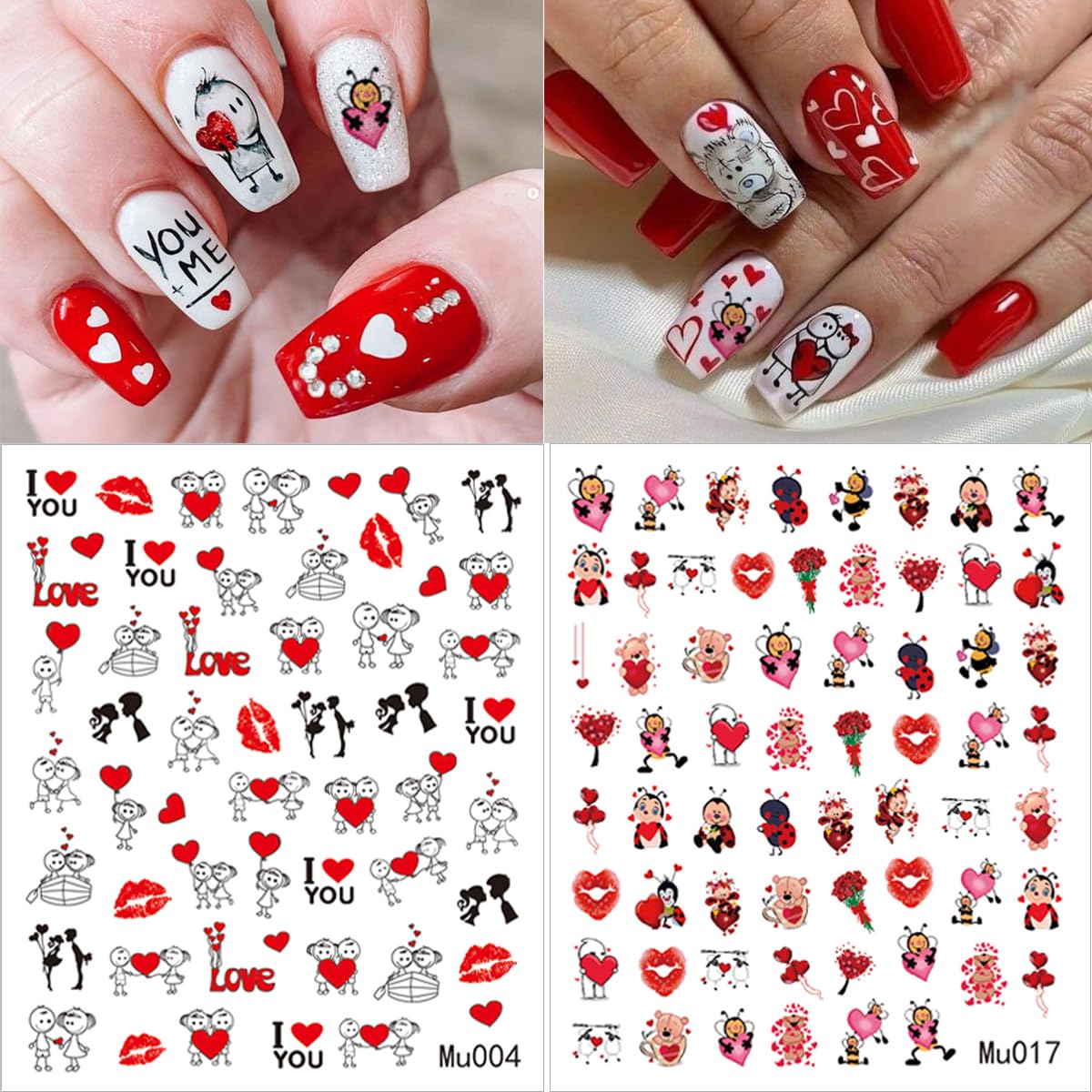 6 Sheets Valentine's Day Nail Art Stickers - Self-Adhesive 3D Heart Supplies, Sexy Lips, Romantic Red Love Letter Design Decals for Women Girl DIY Decoration
