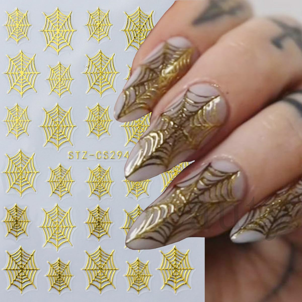8Sheets Halloween Nail Art Stickers Spider Web Nail Stickers for Nail Art 3D Self-Adhesive Nail Decals Gold Silver Black White Glitter Spiderweb Bat Spiders Nail Design Halloween Manicure Accessories
