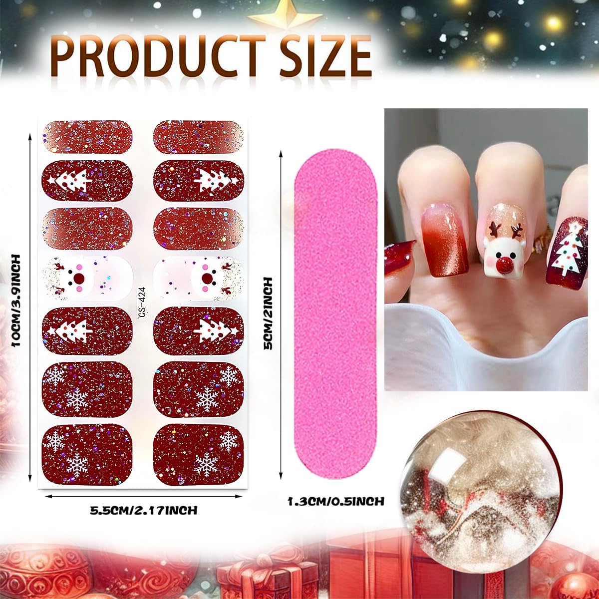 4 Sheets Christmas Gel Nail Stickers Snowflakes Gel Nail Polish Strips Xmas Elk Glitter Self-Adhesive Design Cute Winter Stickers Reindeer Full Wrap Gel Nail Strips Stickers for Acrylic Manicure DIY