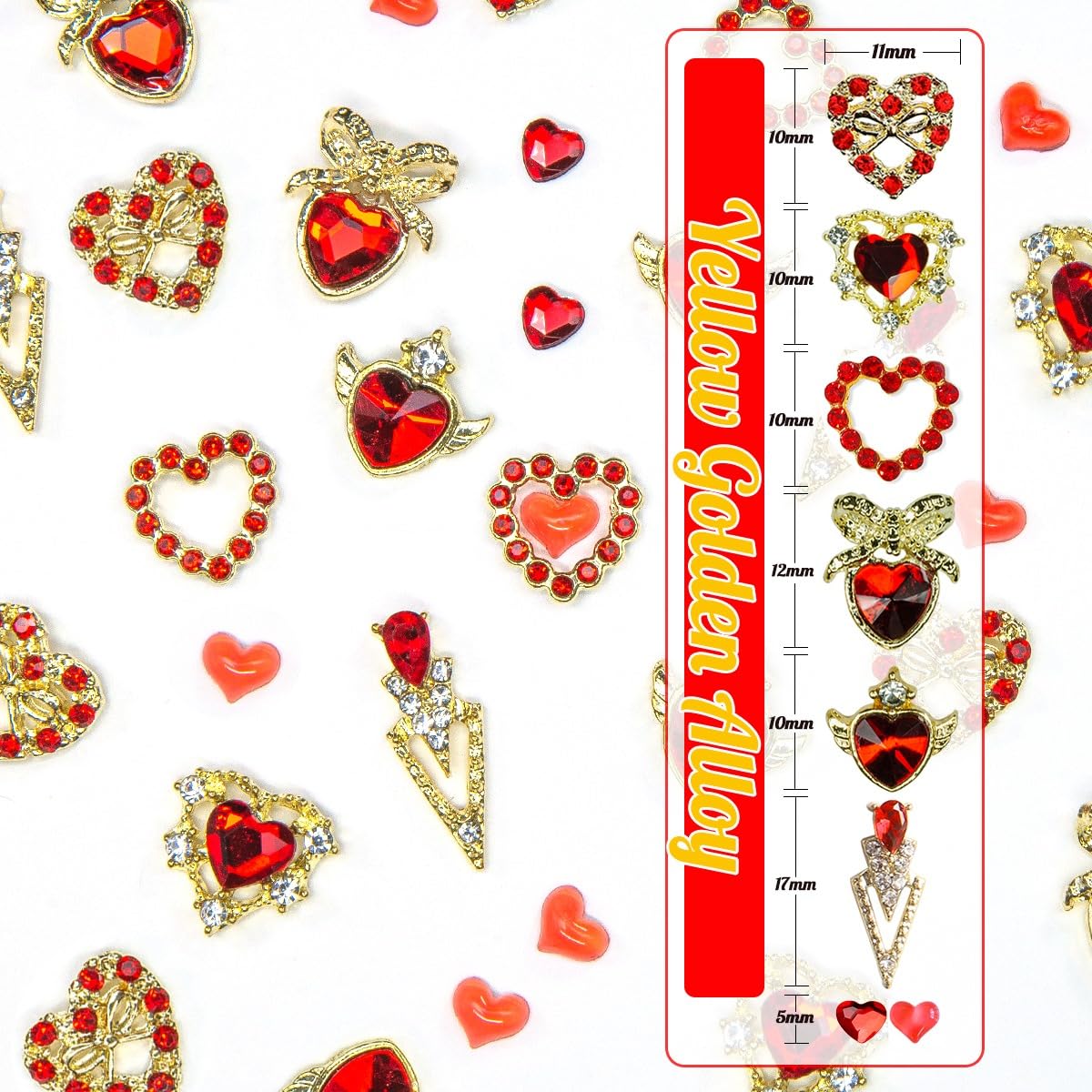 36pcs Red Heart Nail Charms Golden Luxury Alloy Valentine Charms for Nails 3D Red Nail Art Rhinestones Gems Gold Crystal Diamonds Jewelry Stones Studs Charms Supplies for Nails Face Eyes Makeup