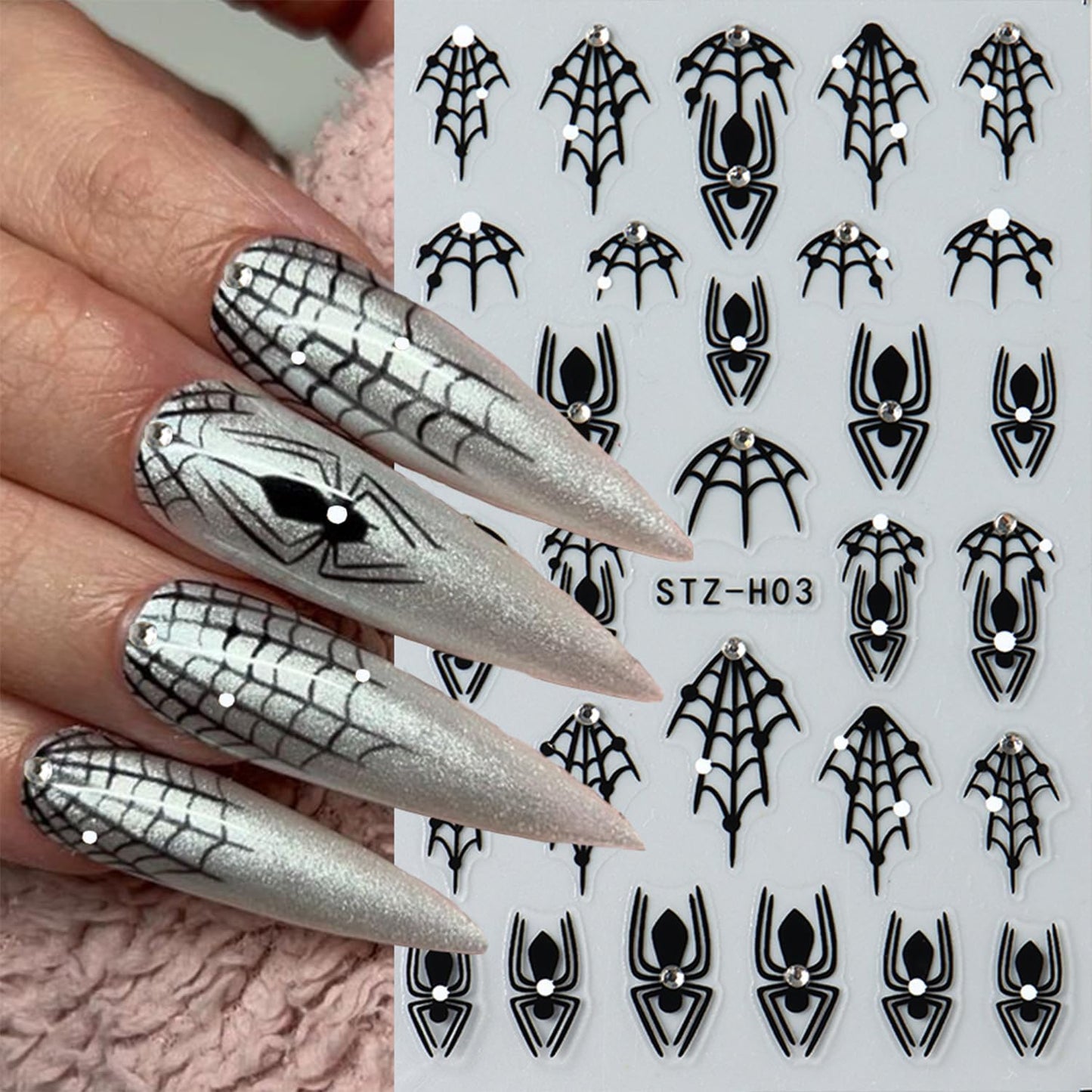 8 Sheets Halloween Nail Art Stickers Decals Colorful Bat French Tip Nails Stickers Black Spider Web Blood Drop Nails Decals Self-Adhesive Skeleton Nail Art Decal for Women Halloween Decor