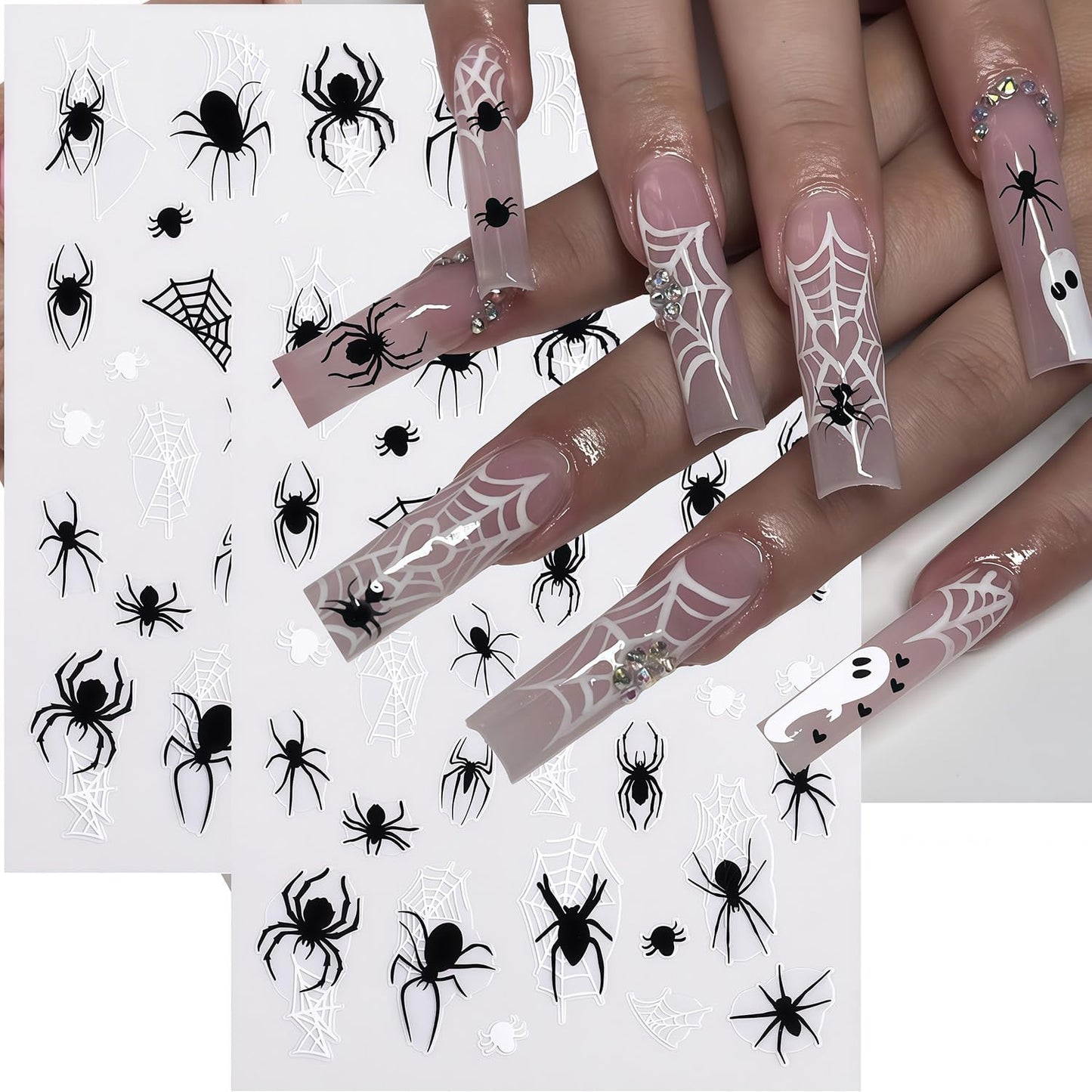 6 Sheets Halloween Nail Art Stickers Nail Decals 3D Self-Adhesive Spider Web Spider Cute Ghost Bat Nail Stickers Design Fall Holiday Salon DIY Nails Decoration Accessories for Women