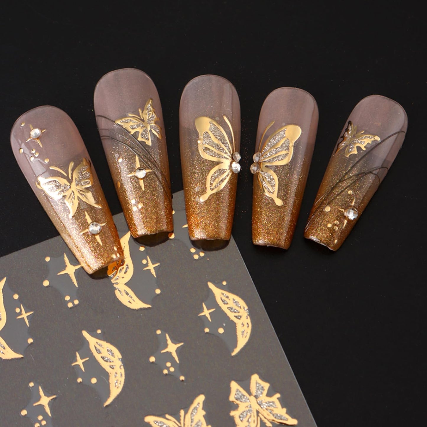 8 Sheets Fall Maple Leaf Nail Art Stickers Decals Gold French Tip Nails Stickers Butterfly Nails Decal Self-Adhesive Flower Nail Art Decal for Women Manicure Decor
