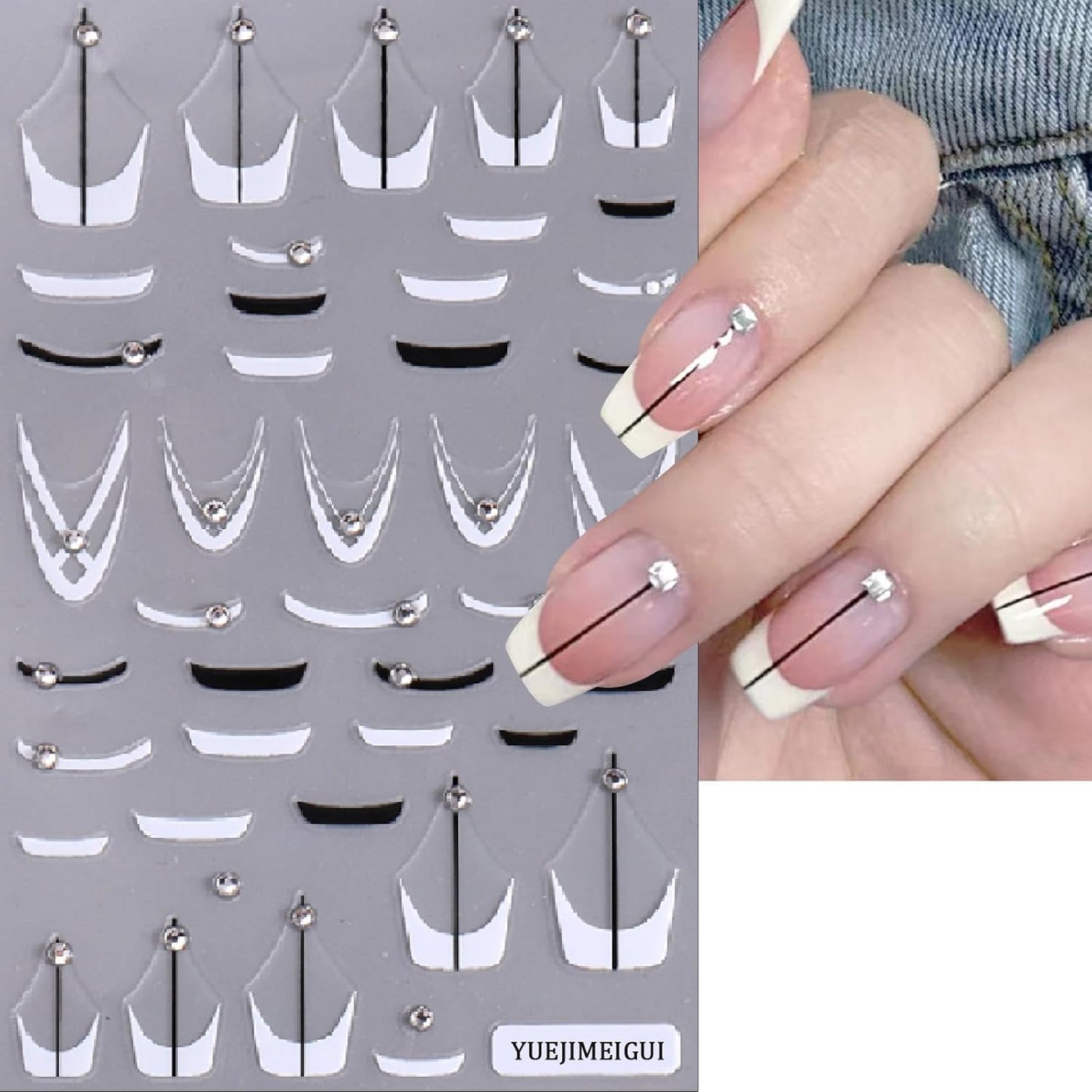 3 Sheets French Diamond Nail Stickers Flower French Manicure 3D Self-Adhesive Sparkling Crystal Black and White French Daisy Butterfly Design DIY Decal Nail Stickers for Nail Art Decoration