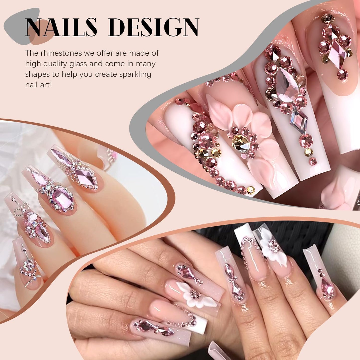 2060Pcs Pink Glass Nail Rhinestones 60Pcs Multi Shapes Flatback Nail Gems + 2000Pcs 1.5-4mm Round Crystal with Rhinestones Glue Gel, Manicure Nail Charms Diamond Gemstones for Nail Art
