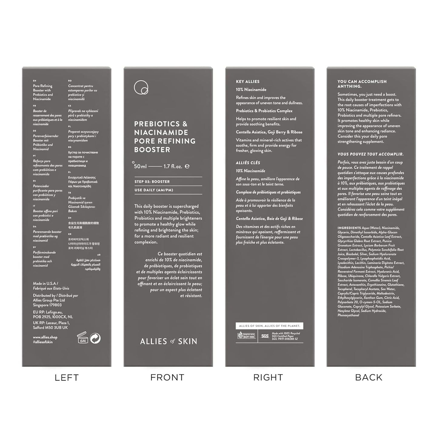 Allies of Skin Prebiotics & Niacinamide Pore Refining Booster: 10% Niacinamide, Goji Berry, Lysophosphatidic Acid. Pore Reducing Serum. Firms & Brightens. Strengthens Skin Barrier 1.7 oz / 50 ml