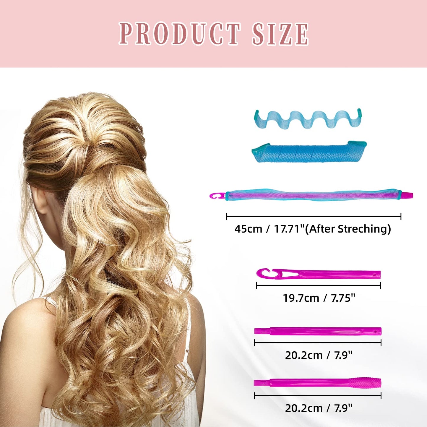 30pcs Wave Curlers Rollers Kit with Styling Hooks, Heatless Spiral Curls for Medium and Long Hair 17.8(45 cm)