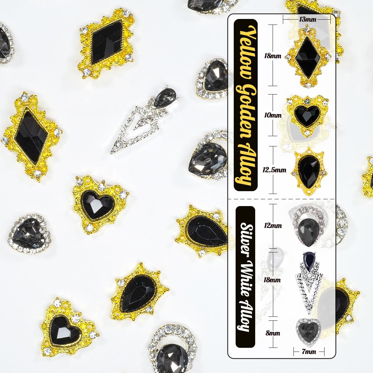 24pcs Black Nail Rhinestones Luxury Nail Charms Jet Black Heart Charms for Nails 3D Big Nail Gems K9 Glass Crystals Diamonds Jewelry Stones Alloy Nail Art Studs Nail Art Decor for Arylic Nails Crafts