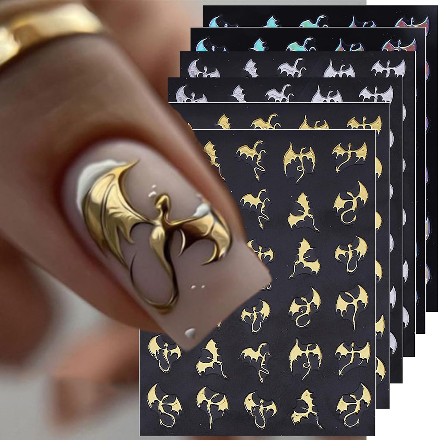 6 Sheets Halloween Nail Stickers Metal Flying Dragon Glitter Bat Nail Art Stickers Decals 3D Self Adhesive Nail Decals Glitter Bat Designs Nail Art Supplies Halloween Stickers for Nails for Women DIY