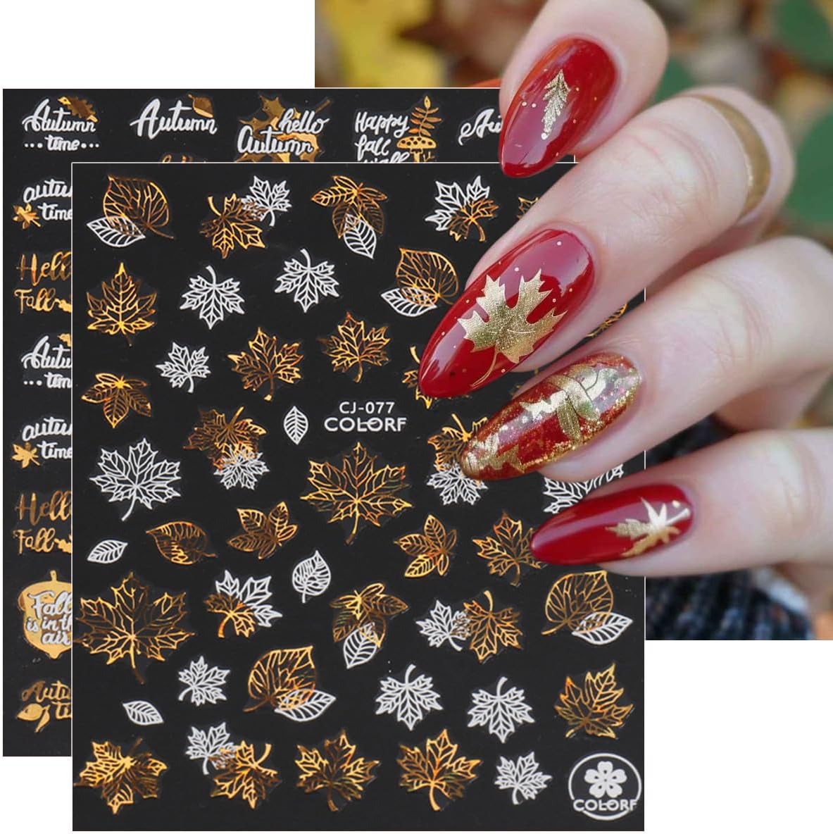 9 Sheets Bronzing Fall Nail Art Stickers 3D Self-Adhesive Metallic Maple Leaf Nail Stickers Thanksgiving Nail Art Supplies Laser White Gold Leaves Flower Nail Designs Autumn Sticker for Acrylic Nails