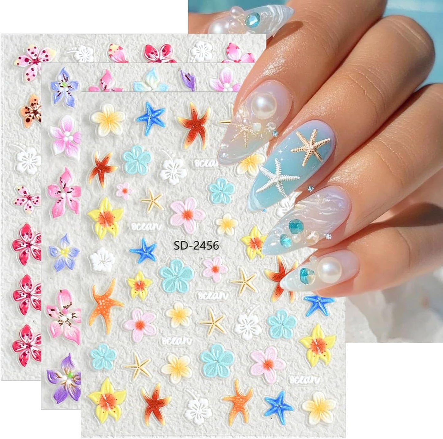 3 Sheets 5D Embossed Flower Nail Art Stickers Self Adhesive Summer Nail Decals Beach Starfish Nail Stickers Hawaii Nail Design Sticker Colour Flower Nail Art Supplies for DIY Decoration Supplies