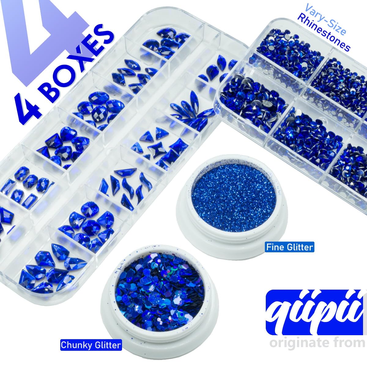 4 Boxes Royal Blue Nail Rhinestones and Glitters 24 Shapes K9 Glass Gems Diamonds Flatback Round Stones Crystals Sapphire Nail Art Charms for Acrylic Nails Face Eyes Makeup DIY Crafts Tumblers