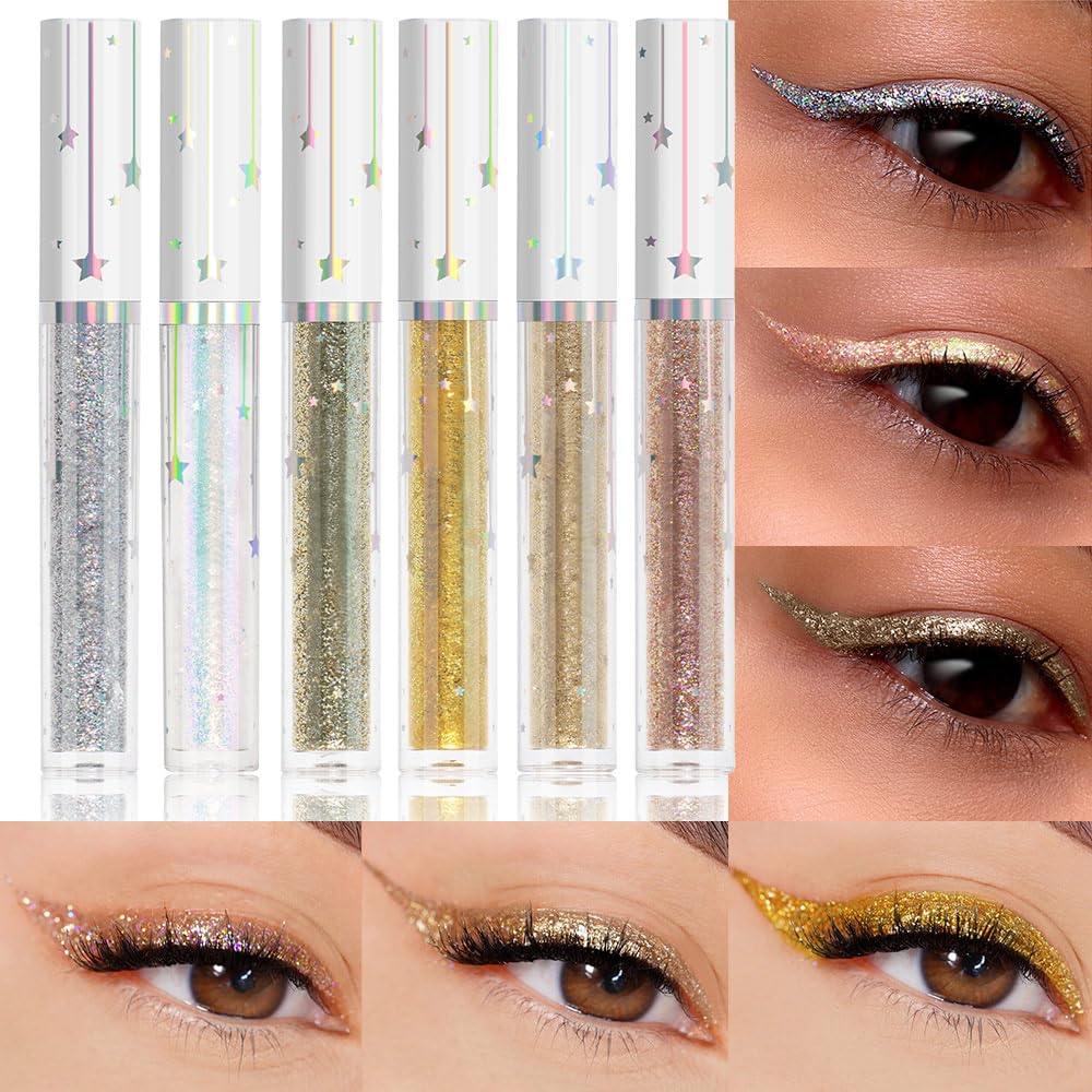6Pcs Shimmer Metallic Eyeshadow Eyeliner Set - Glitter Sparkle, Long Lasting, Quick Drying, Waterproof & Smudge Proof, High Pigment Liquid Eyeshadow for Parties, Cosplay, Weddings (Set 2#)