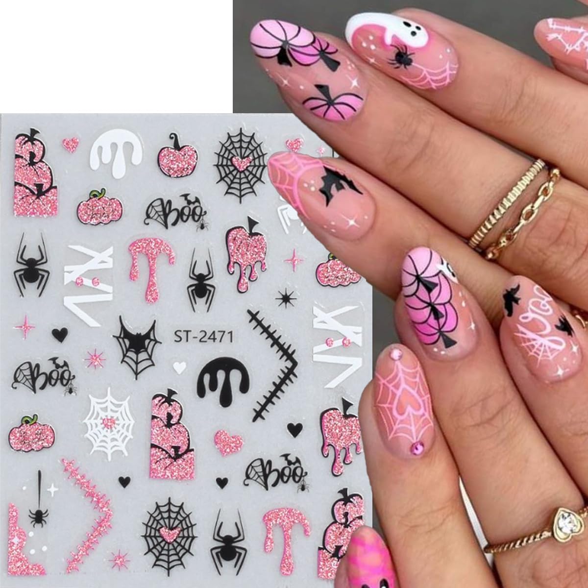 6 Sheets Halloween Nail Art Stickers Glitter Pink Nail Stickers Spider Web Nail Decals Pumpkin Line French Tips Heart Design Ghost Nail Sticker for Nail Art for Women DIY Holiday Manicure Supplies