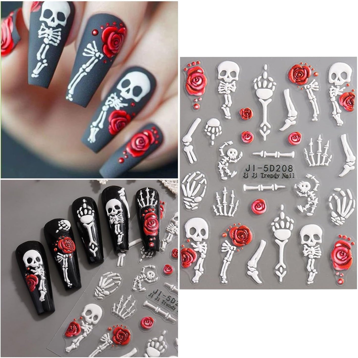 5 Sheets Halloween Nail Art Stickers Decals 5D Nail Decals Gold White Bone Pattern Sticker Self-Adhesive Skull Nails Supplies Accessories 3for Women Halloween Nails DIY Decoration