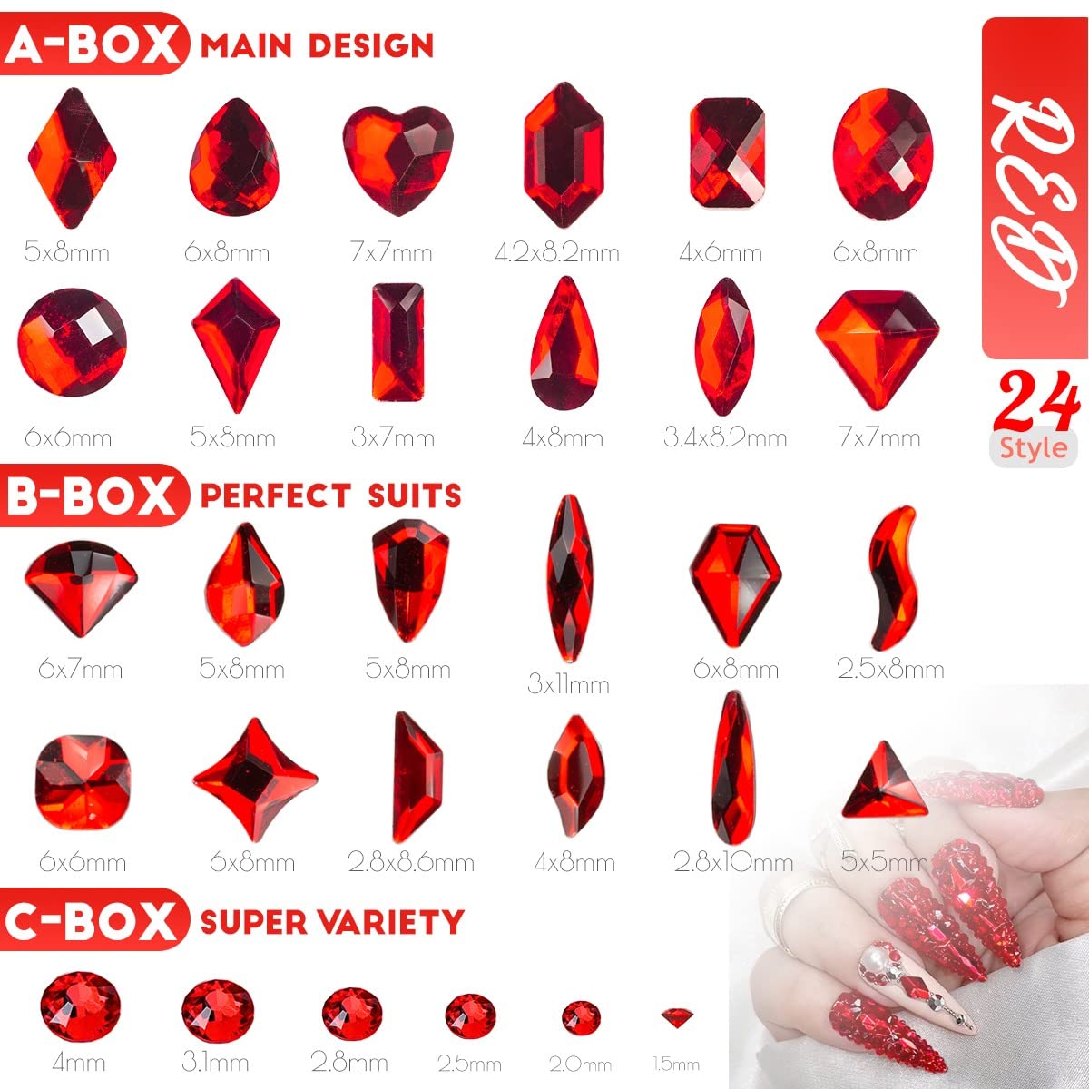 3 Boxes Siam Red Nail Rhinestones 240 Multi-Shapes Flatback Ruby Red Big Gems K9 Glass Round Stones Diamonds Jewels Crystals Nail Art Charms for Nails Face Eyes Makeup Crafts Tumblers Clothes