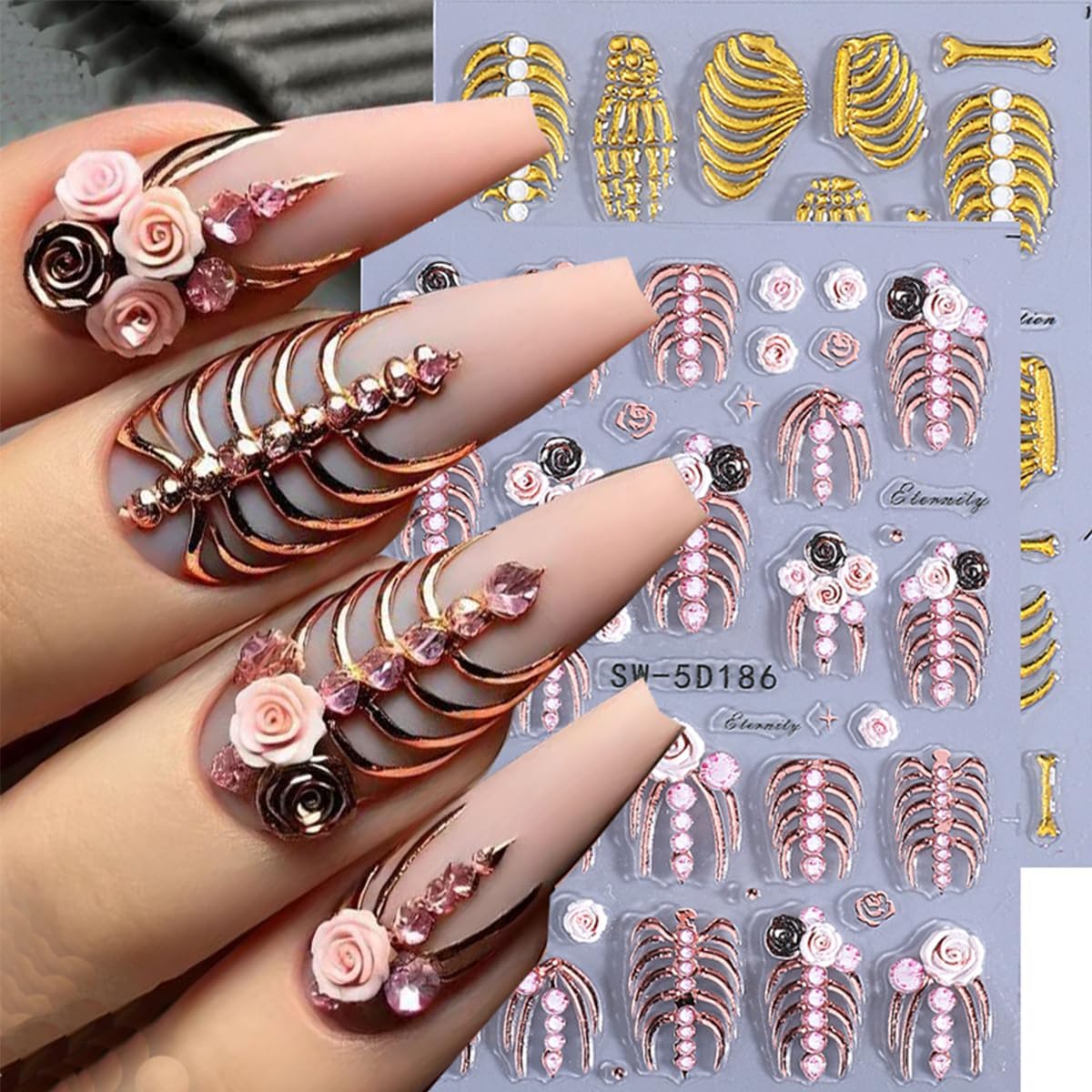 5D Embossed Halloween Nail Stickers for Nail Art Kit 3 Sheets Halloween Skull & Skeleton Nail Art Stickers Decals Gothic Nails Design Rose Gold Hand Bone Nail Supplies for Women Holiday Nails Decor
