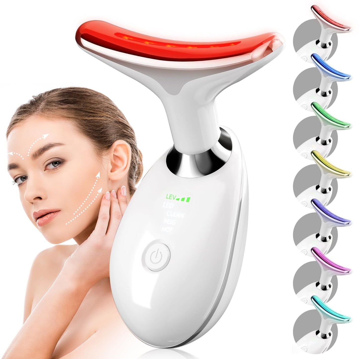 2025 New Face and Neck Massager Tool, 7 Colors LED Womens Skin Care Facial Massager for Skin Rejuvenation, Lifting, Toning, Glow Boost-White