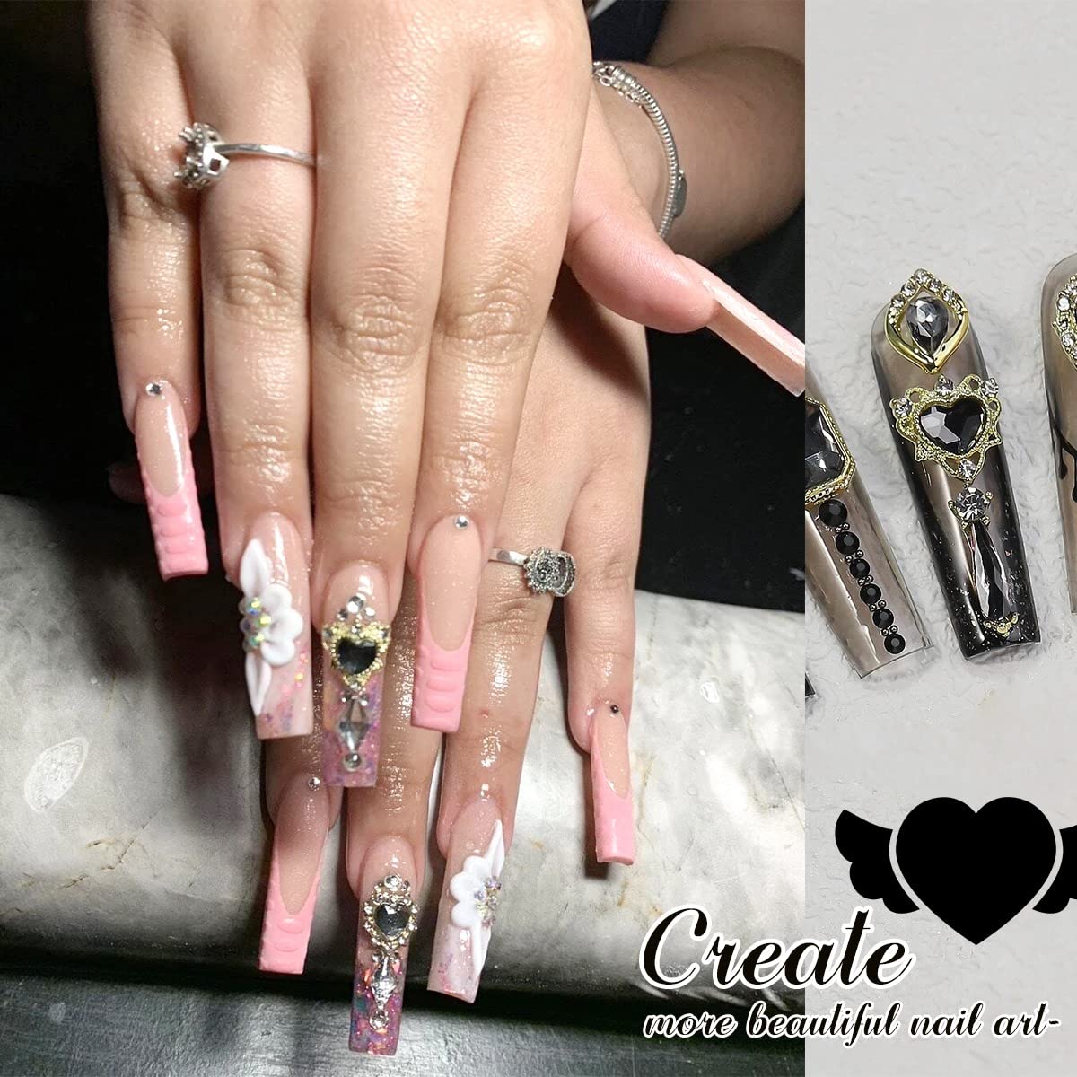 24pcs Black Nail Rhinestones Luxury Nail Charms Jet Black Heart Charms for Nails 3D Big Nail Gems K9 Glass Crystals Diamonds Jewelry Stones Alloy Nail Art Studs Nail Art Decor for Arylic Nails Crafts