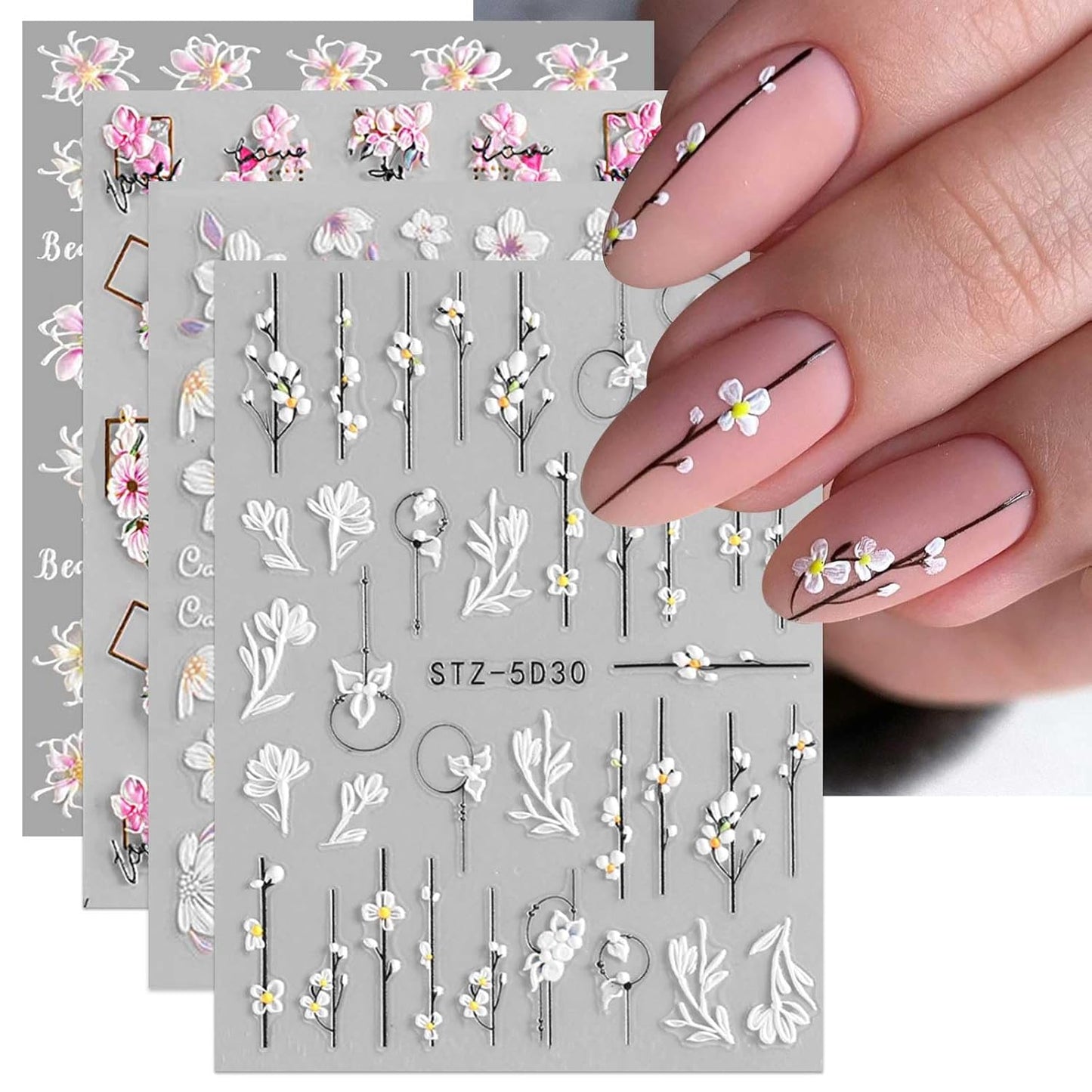 3D Embossed Flower Nail Art Stickers Decals Self-Adhesive Pegatinas Uñas 5D Floral Nail Supplies Nail Art Design Decoration Accessories 4 Sheets