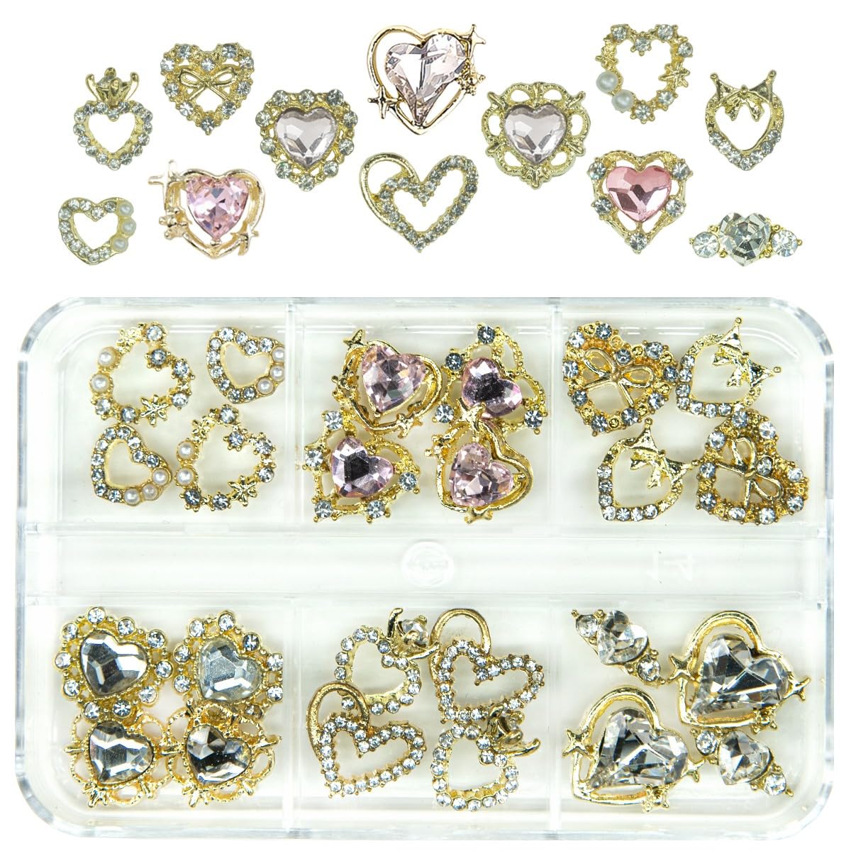 24pcs Heart Nail Charms Luxury Alloy Charms for Nails, qiipii 12 Pair 3D Gold Nail Art Rhinestones Nail Gems Golden Nail Crystal Diamonds Jewelry Stones Studs Nail Supplies Nails Decor Crafts 1 Box