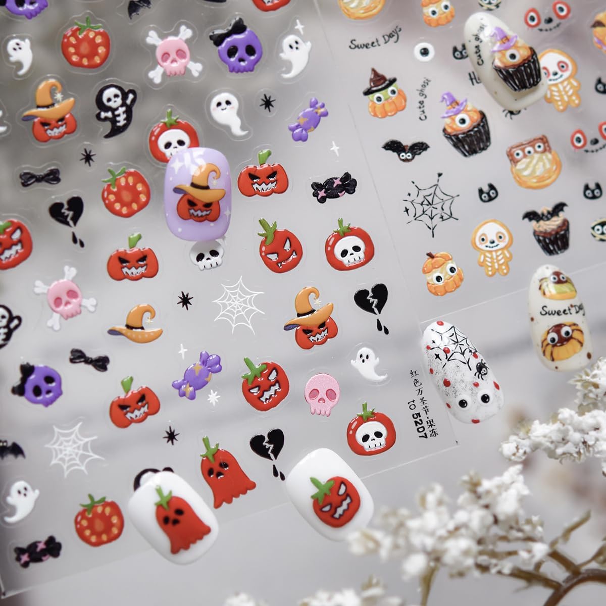 5D Halloween Nail Stickers Halloween Nail Decals Self-Adhesive Evil Tomato Pink Skull Cute Ghost Spider Web Broken Heart Nail Design DIY Holiday Nail Decorations for Women Kids Party 1 Sheet