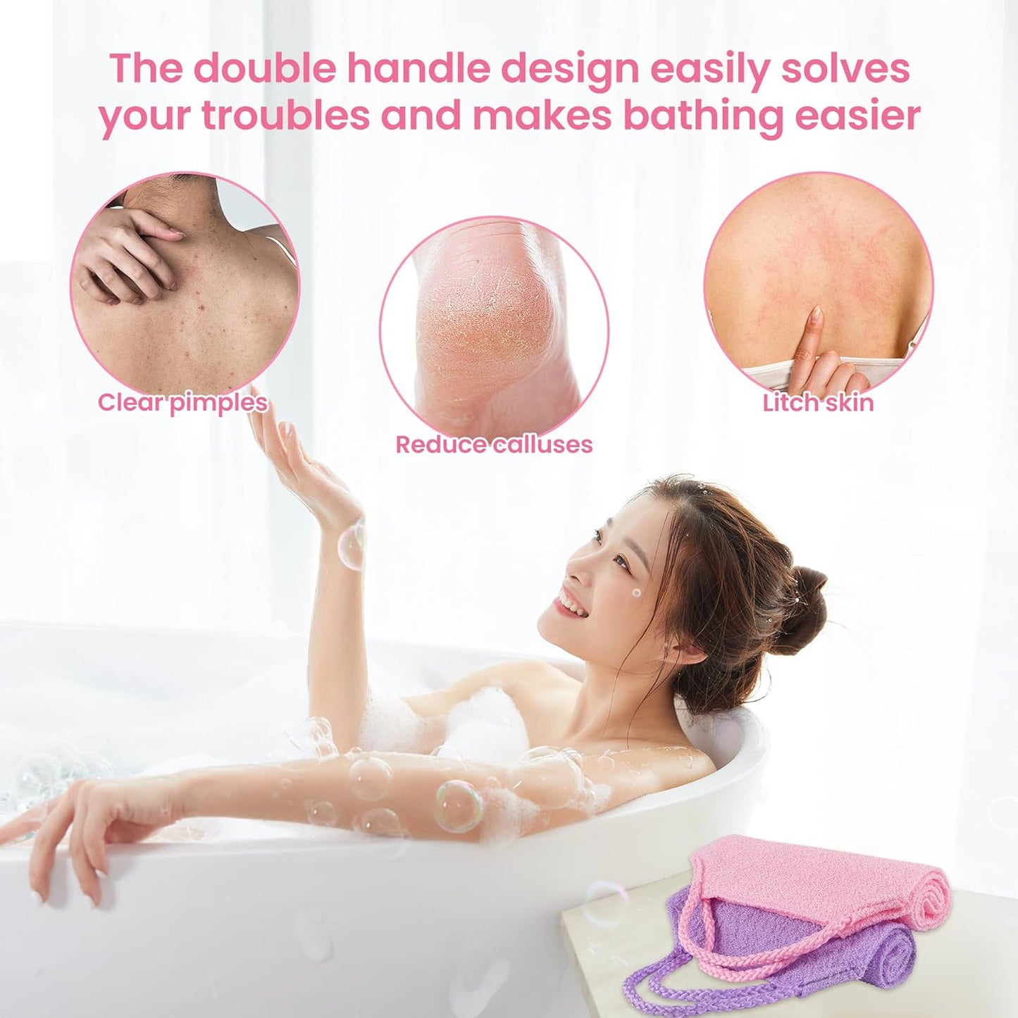 3 Pcs Double-Sided Back Exfoliator Body Scrub Towel, Exfoliating Back Scrubber with Handles,Exfoliating Washcloth Bath Tool in Shower, Stretchable Back Washer to Deep Cleans Skin (Pink)