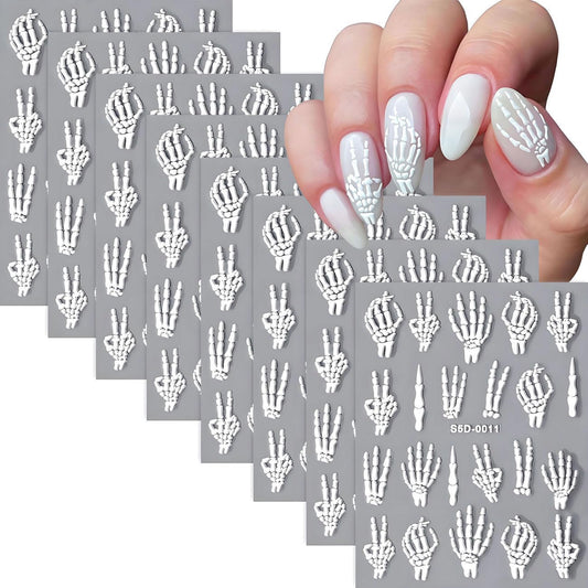 8 Sheets Halloween Nail Stickers 5D Embossed Skull Finger Nail Stickers Self-Adhesive Horror Skeleton Decals for Women