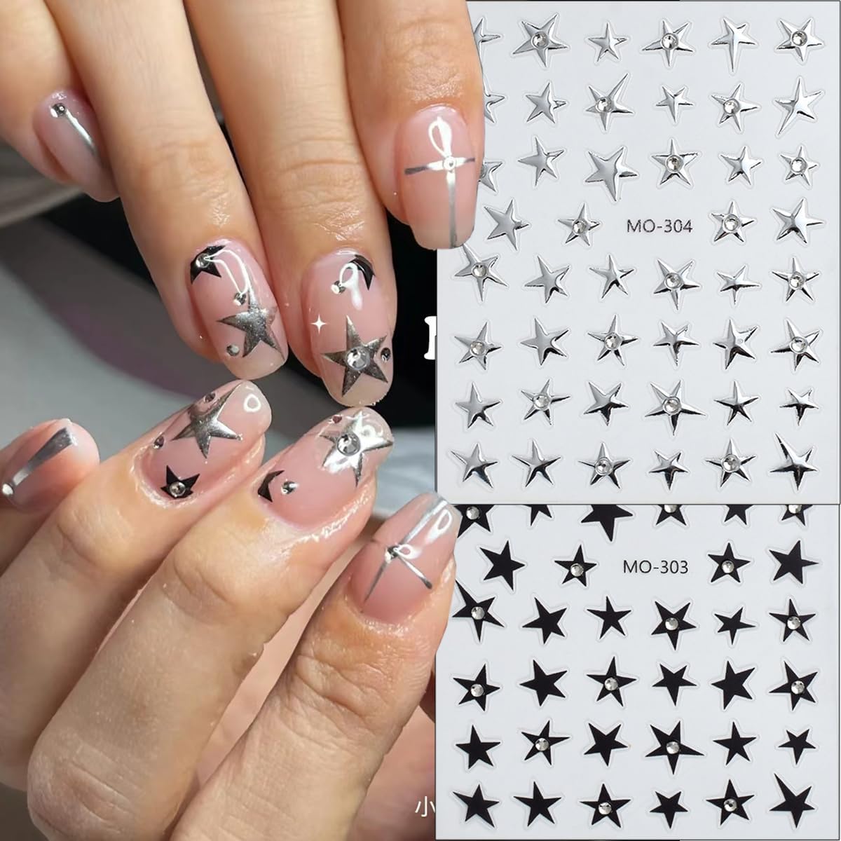 6Pcs Star Nail Art Decoration Stickers - 3D Glitter Decals With Crystal Rhinestones Design for Manicure - Irregular Five-Pointed Charms Supplies for Women