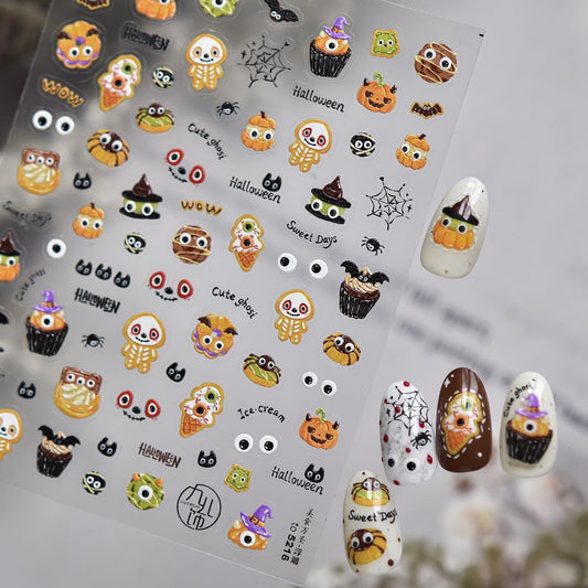 5D Halloween Nail Stickers Cute Nail Art Decals Self-Adhesive Cute Bear Horror Pumpkin Evil Eyes,Halloween-Themed Design DIY Holiday Decoration for Women Kids Party 1 Sheet