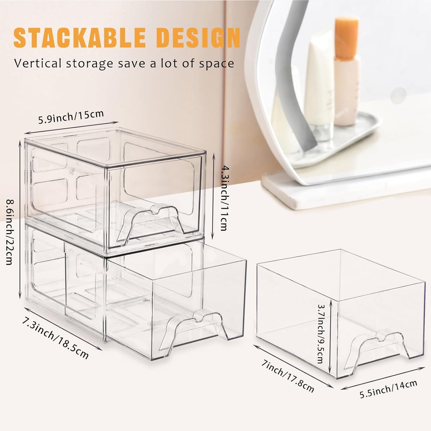 8 Pack Stackable Makeup Organizer, 4.4'' Tall Acrylic Bathroom Makeup Organizer and Storage Drawer with Pull-out Handle, Clear Plastic Storage Bins for Vanity,Pantry,Desk,Undersink,Kitchen