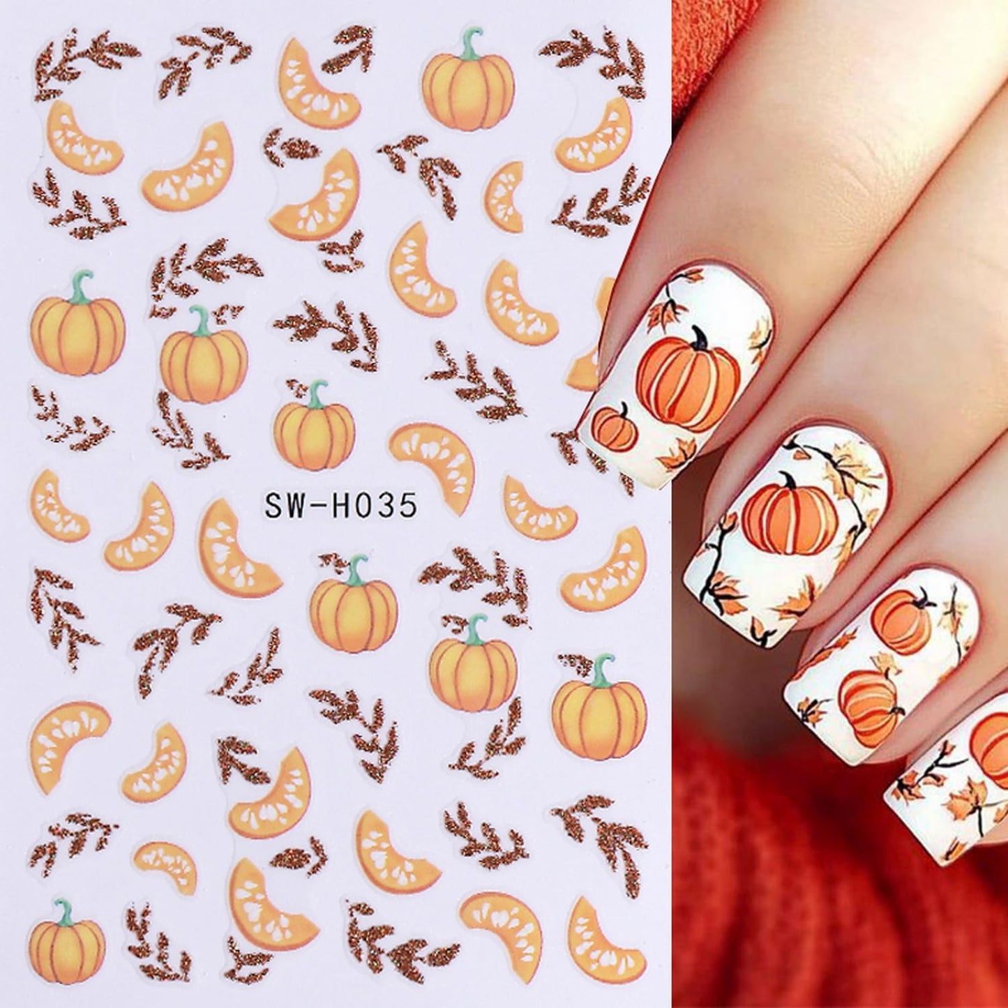 6 Sheets Fall Nail Art Stickers 3D Self-Adhesive Maple Leaf Nail Stickers with Ear of Wheat & Chestnut Designs DIY Pumpkin Nail Decal Supplies for Women Nail Art Manicure Decoration Accessories