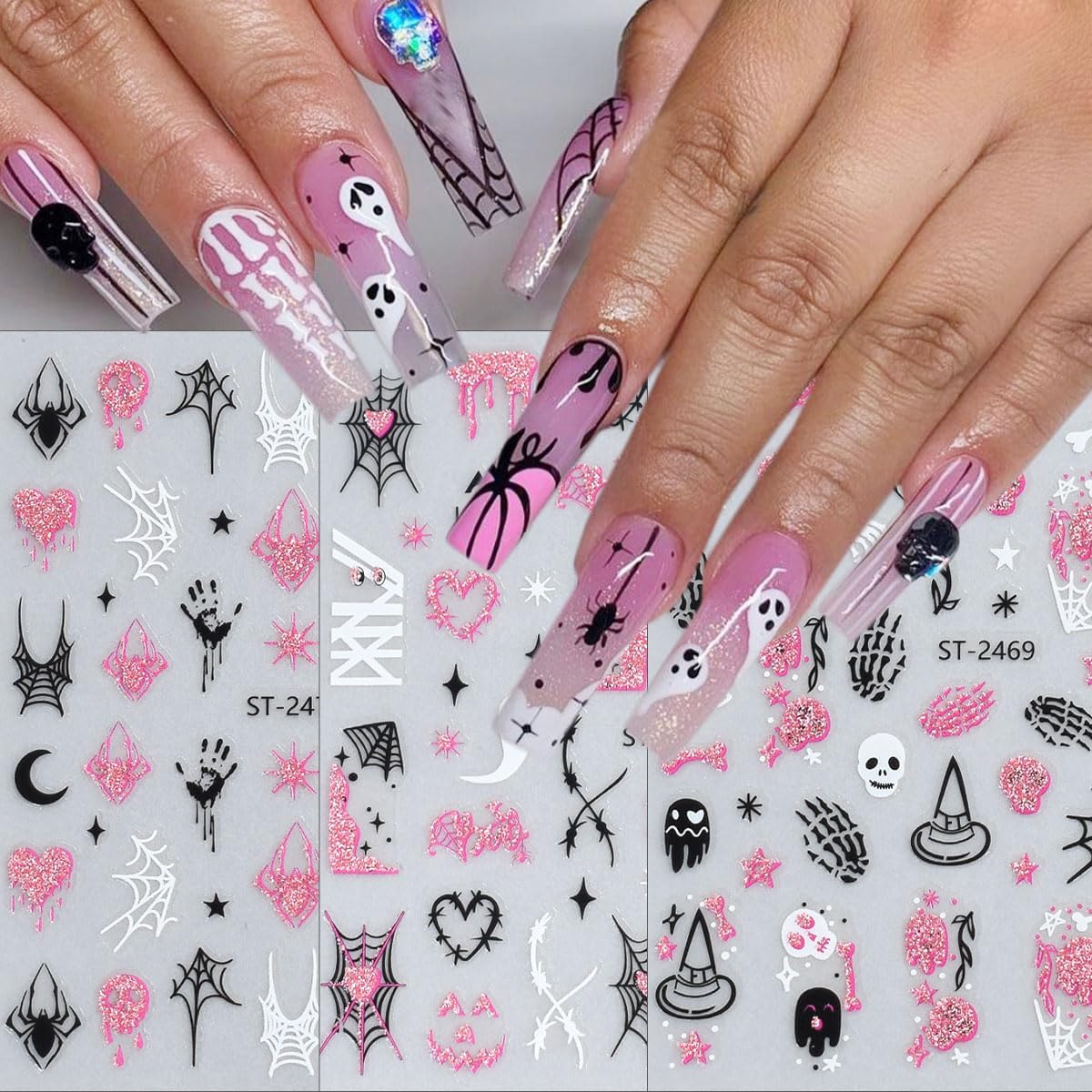 6 Sheets Halloween Nail Art Stickers Decals Pink Glitter Pumpkin Heart Bow Spider Nail Decals 3D Self-Adhesive Ghost Spider Web Skull Nails Stickers Cute Halloween Nails Art Supplies for Women Girls