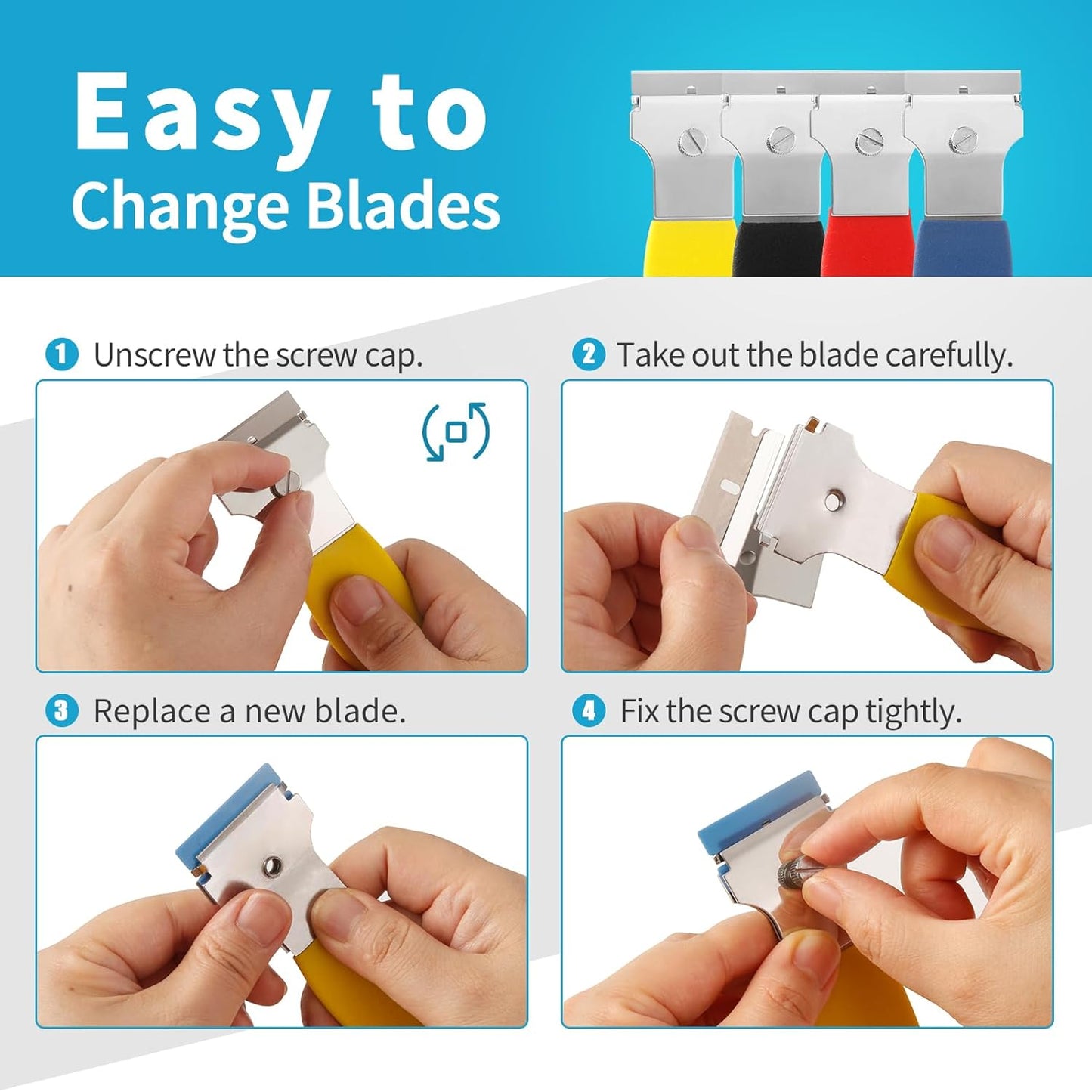 4 Pack Razor Blade Scraper, with 20 Metal & 20 Plastic Blades, Multi-Purpose Cleaning Remover Tool for Glass Caulk, Adhesive, Wall, Stovetop, Paint, Window, Sticker, Tile, Label Decals
