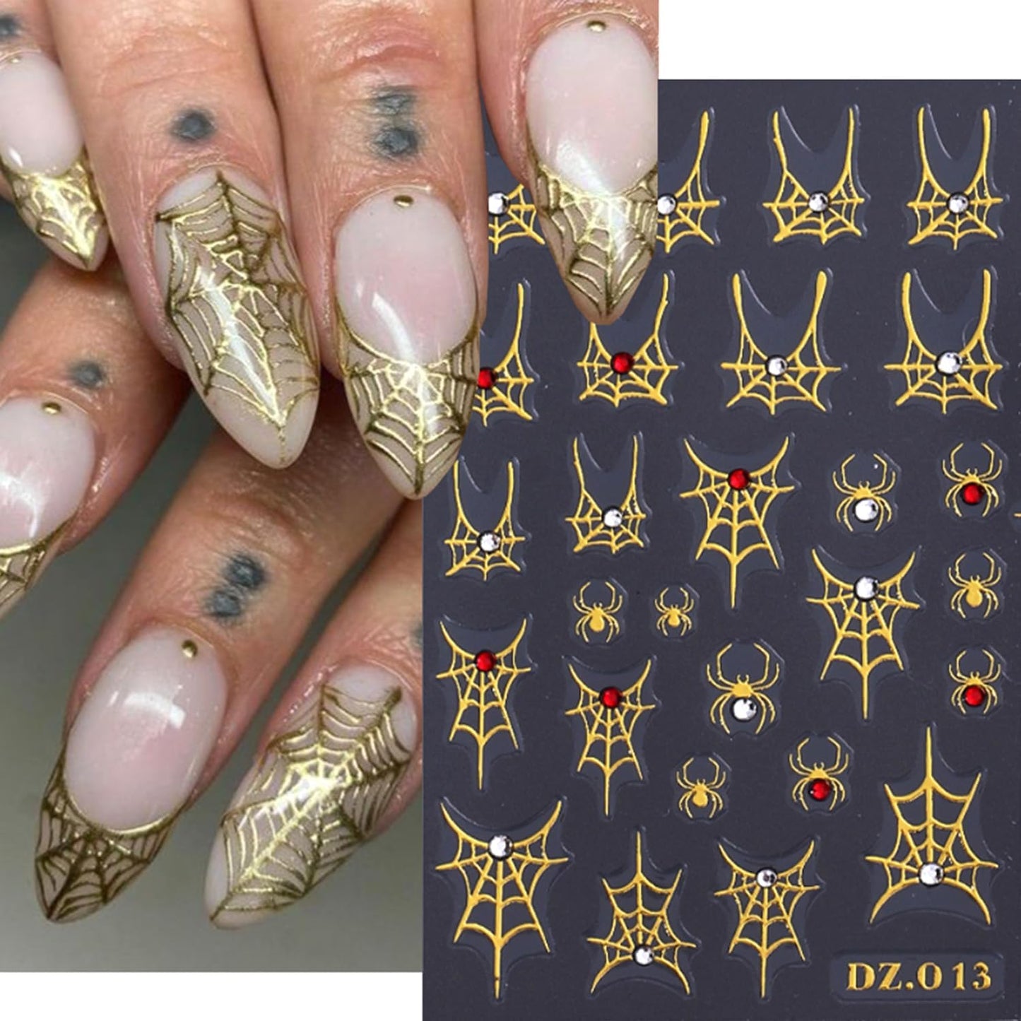 6 Sheets Halloween Gold Nail Art Stickers Decals Spider Web Nails Stickers with Rhinestones Design 5D Skull Nails Decal Self-Adhesive Bat Nail Art Decal for Women Halloween Decor
