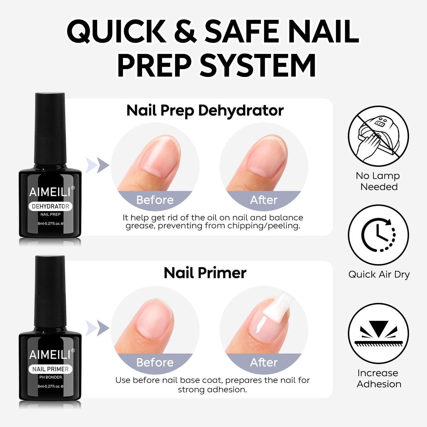 AIMEILI Nail Dehydrator Primer Nail Glue Blooming for Gel Nail Polish 4pcs, Cruelty Free, Vegan, U V LED Nail Art